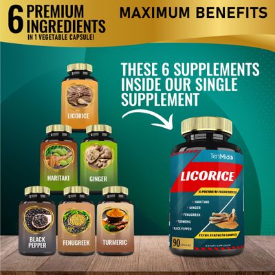Licorice Extract Capsules with Turmeric, Ginger, Fenugreek, Haritaki, Black Pepper - Support Digestion Function - 90 Caps, 3 Months Supply