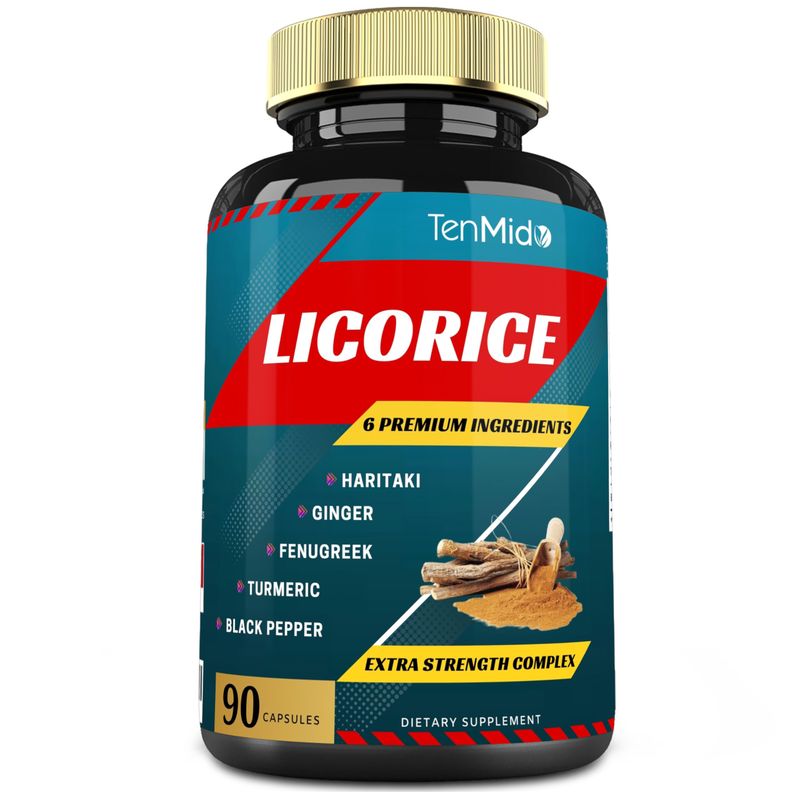 Licorice Extract Capsules with Turmeric, Ginger, Fenugreek, Haritaki, Black Pepper - Support Digestion Function - 90 Caps, 3 Months Supply