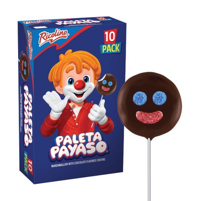 Ricolino Paleta Payaso Marshmallow Lollipops with Chocolate Flavored Coating, Net Wt. 15.8 Ounces, 10 Count Box