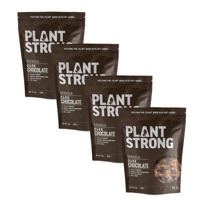 PLANTSTRONG Dark Chocolate Granola Snack Mix - Whole-Grain, Whole-Fruit Sweetened, Plant-Based, Oil Free - Pack of 4 x 9oz Bags