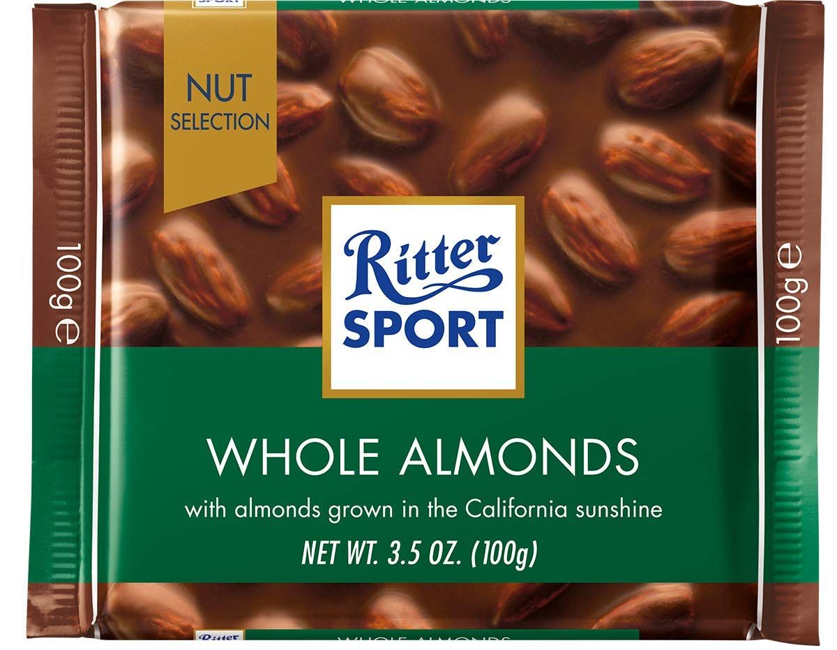 Ritter Sport Milk Chocolate with Whole Almonds 100g3.52oz (Pack of 8)