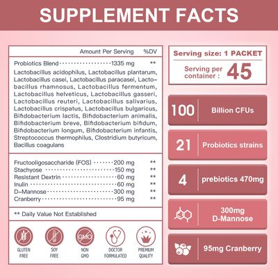 NATURE TARGET Probiotics-for-Women Prebiotics-and-Probiotics-Powder, 100-Billion-CFUs 45-Day-Supply, Women's-Probiotic with D-Mannose and Cranberry for Urinary TractGutDigestive Health