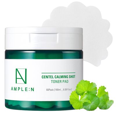 Korean Pore Minimizing and Redness Relief Soothing Toner Pads, Face Exfoliant with Centella Asiatica Extract and Bamboo Extract - AMPLE:N Centel Calming Shot Toner Pad 60 Sheet 100ml (3.38 fl.oz.)