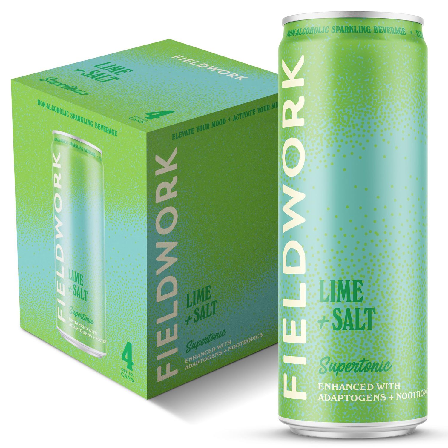 Fieldwork Supertonic, Adaptogen Non-Alcoholic Sparkling Adult Drink with Nootropics, Lime Salt, 12 oz Cans, 4-Pack
