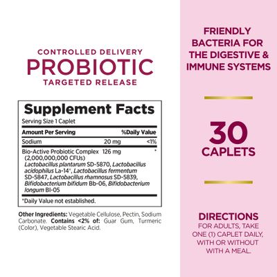 Nature's Bounty Probiotic, Controlled Delivery Dietary Supplement, Supports Digestive, Intestinal and Immune Health, 30 Caplets, 30 Total Servings