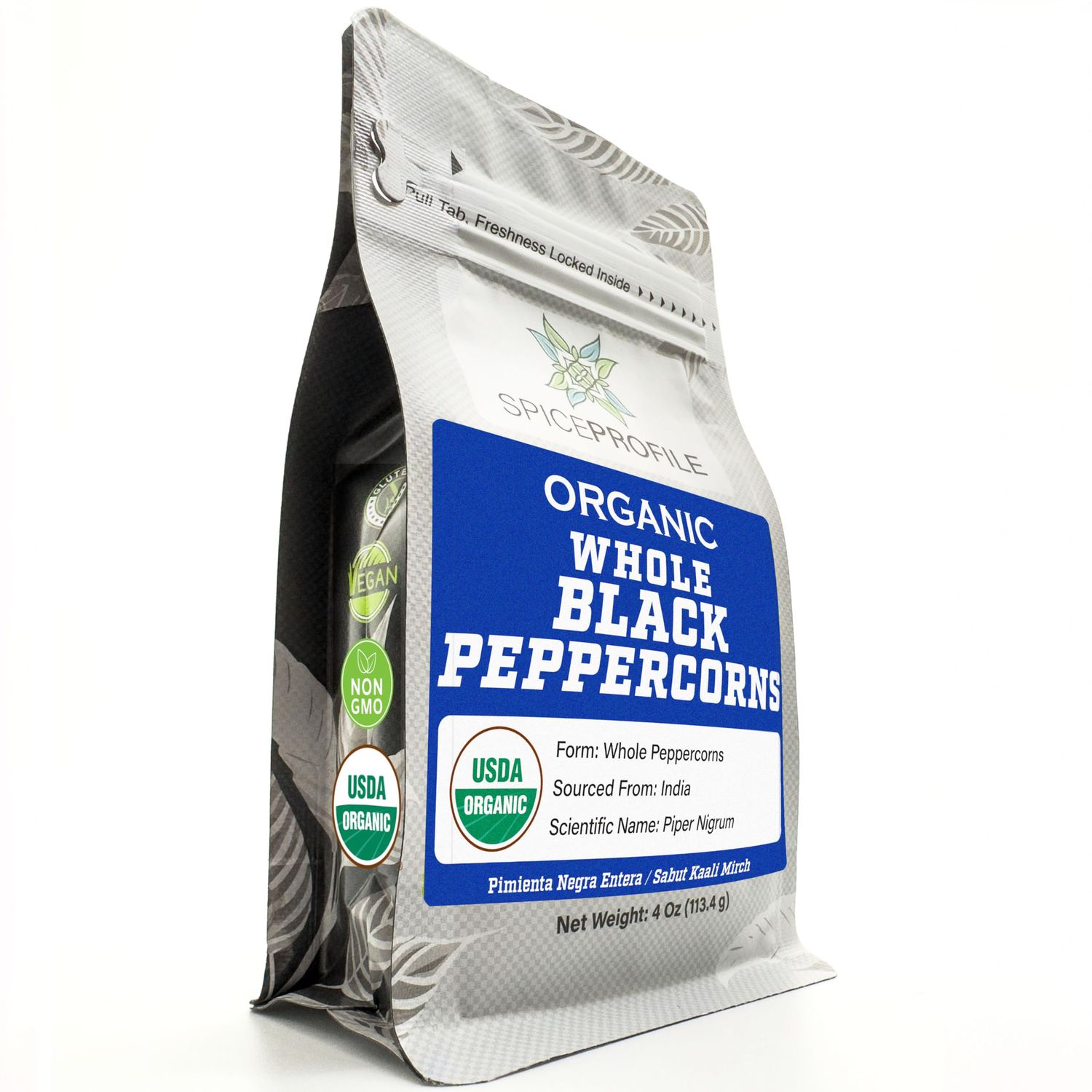 Spice Profile USDA Organic Black Peppercorns Whole, Lab Tested for Heavy Metals, Resealable 4oz Pouch, Kali Mirch, Pimienta Negra en Granos