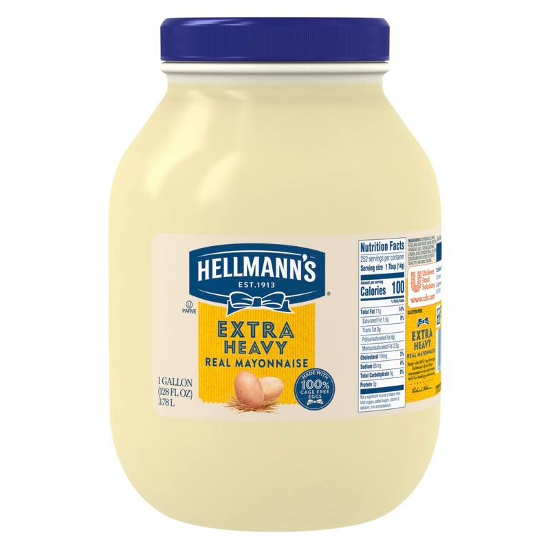 Hellmann&#39;s Extra Heavy Mayonnaise Jar, Extra Egg Yolk, Condiment for Sandwiches, Salads, Mayo Made with 100 Cage Free Eggs, Gluten Free 1 gallon 128 oz, Pack of 1