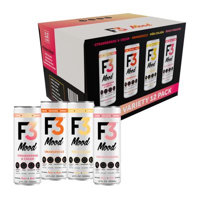 F3 Mood Variety Pack - Functional Sparkling Juice Drink with Powerful Nootropics to Reduce Stress, BCAAs for Muscle Recovery, and Chamomile Valerian Root for Sleep - Caffeine Free (12 Pack)