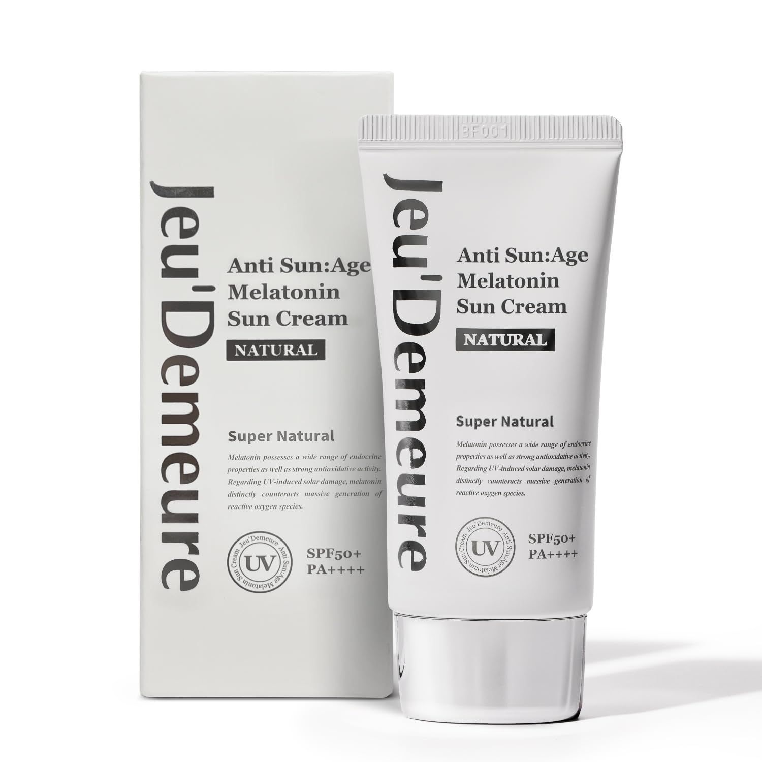 JEU&#39;DEMEURE Anti-Aging SPF 50 Face Moisturizing Sunscreen Lotion with Broad Spectrum, Melatonin, Lightweight, Non-Sticky, Sun Essence for Sensitive Skin, 1.69 fl oz