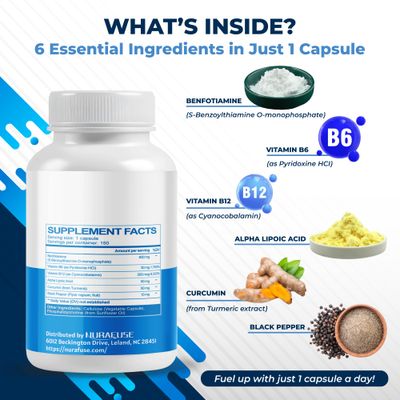 NURAFUSE Liposomal Benfotiamine with Vitamin B6, Vitamin B12, Alpha Lipoic Acid, Curcumin - Support Healthy Metabolism, Energy Levels- Made and Tested in The USA