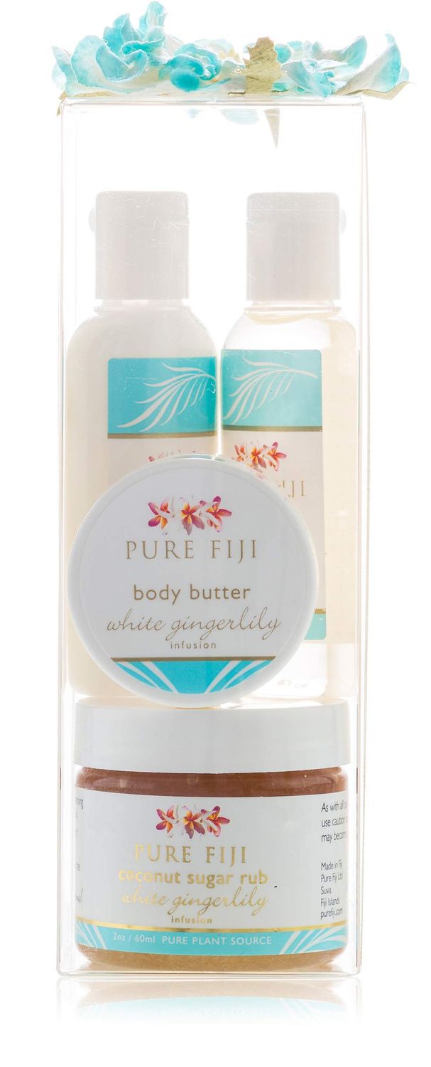 Pure Fiji Spa Gift for Women - Body Gift Box Include: Body Lotion 1Fl.Oz, Nourishing Exotic Oil 1 Fl.Oz, Body Butter 0.5oz Sugar Rub 2oz, Scent White Gingerly