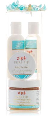 Pure Fiji Spa Gift for Women - Body Gift Box Include: Body Lotion 1Fl.Oz, Nourishing Exotic Oil 1 Fl.Oz, Body Butter 0.5oz Sugar Rub 2oz, Scent White Gingerly
