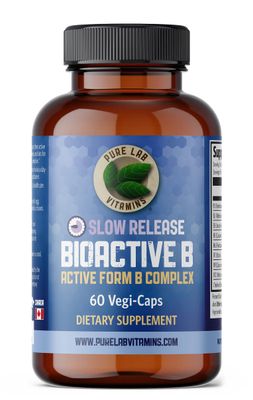 Bioactive B Complex Supplement - 60 Vegan Caps by Pure Lab Vitamins - Slow Release Active Formula (B1, B2, B3, B5, B6, B7, B9, B12) - 30 Days Supply, Gluten Sugar Free Made in Canada