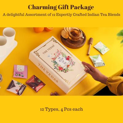 The Vedas Book of Tea Collection Assorted Tea Bags Mother's Day Gift Set 12 Exotic Herbal Blends 4 Units Each, Total 48 Best for Corporate Gifting Gift Hamper