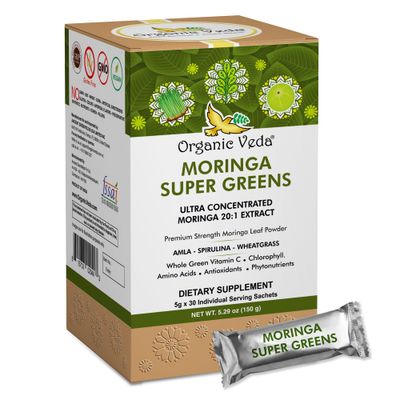 Organic Veda Moringa Powder Super Greens 30 Sachets Drink Tea Mix - 20 X Concentrated Organic Moringa Leaf with superfoods Wheatgrass, Spirulina, Chlorophyll - Green Vitamin C, Energy Immunity