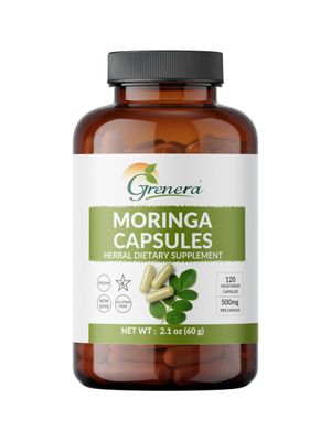 Grenera Moringa Capsules 120 nos, 100 Pure Single Origin Moringa Oleifera Leaf Powder, Malunggay Pills Supplement for Energy, Metabolism, Immune Support