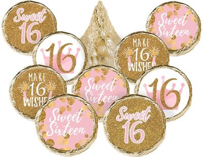 DISTINCTIVS Pink and Gold Sweet 16 Birthday Party Favor Chocolate Kisses Candy Stickers, Sweet Sixteen Stickers - 180 Count