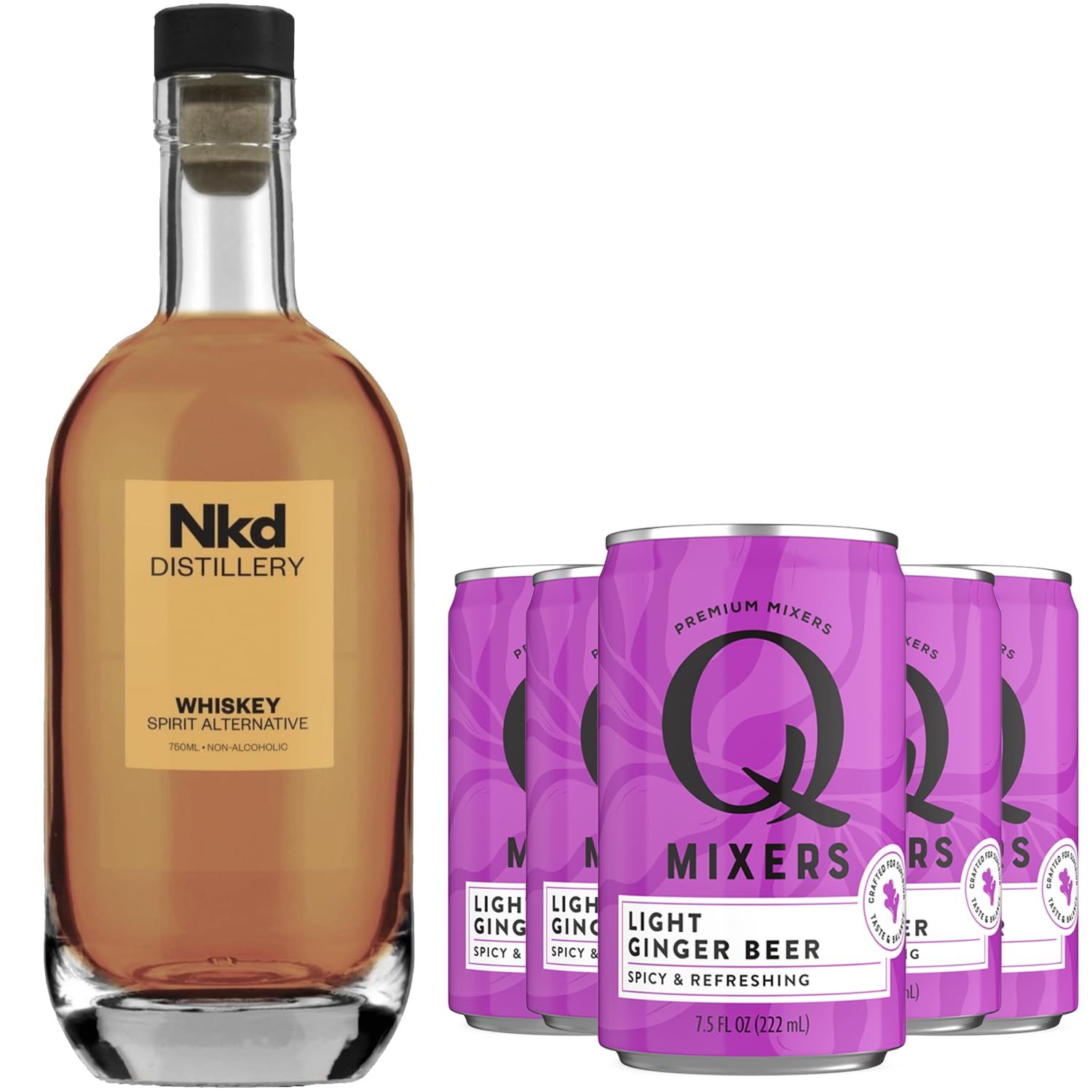 Nkd Distillery Whiskey Alternative Premium Non-Alcoholic Spirit - Zero Alcohol - With Q Mixers Light Ginger Beer [ 5 Pack ]