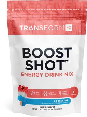 TransformHQ Boost Shot Powder Drink Stick Packets, Rocket Pop, 7 Pack, Energy Supplements for Women Men, with Caffeine, Vitamin B12, B9, B6 B3