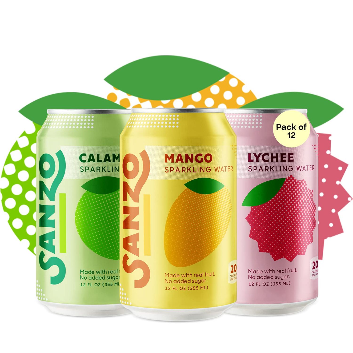 Sanzo Flavored Sparkling Water Variety Pack - 12-Pack - Calamansi (Lime), Lychee (Berry) and Mango (Alphonso) - Made with Real Fruit and Sugar-Free - Non-GMO, Gluten-Free and Vegan - 12 Fl Oz Cans