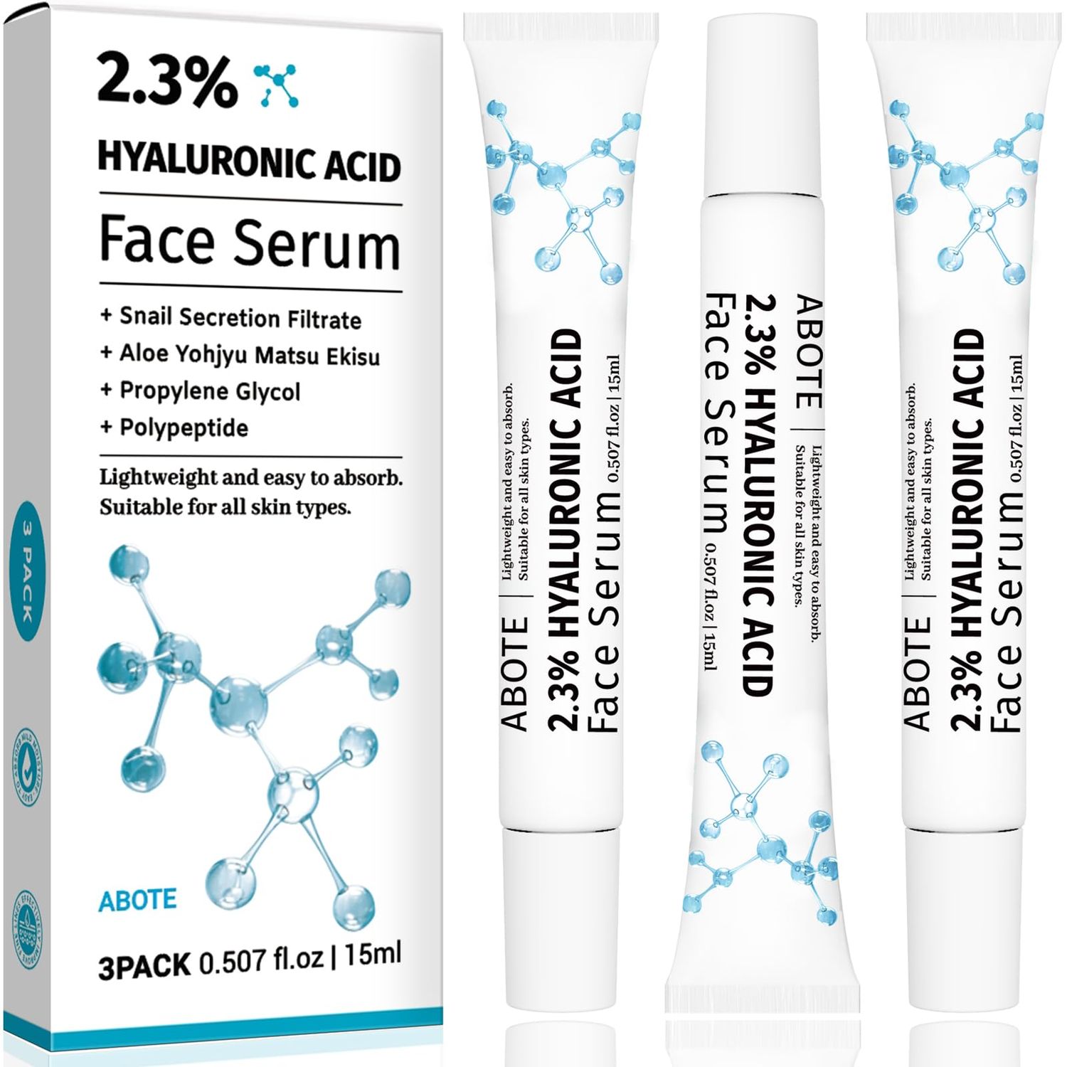 ABOTE 2.3 Hyaluronic Acid Serum for Face with 1 Snail Secretion Filtrate Deep Moisturizing Anti-Aging Anti-Wrinkle (3Pack-Each 0.507 fl.oz 15ml)