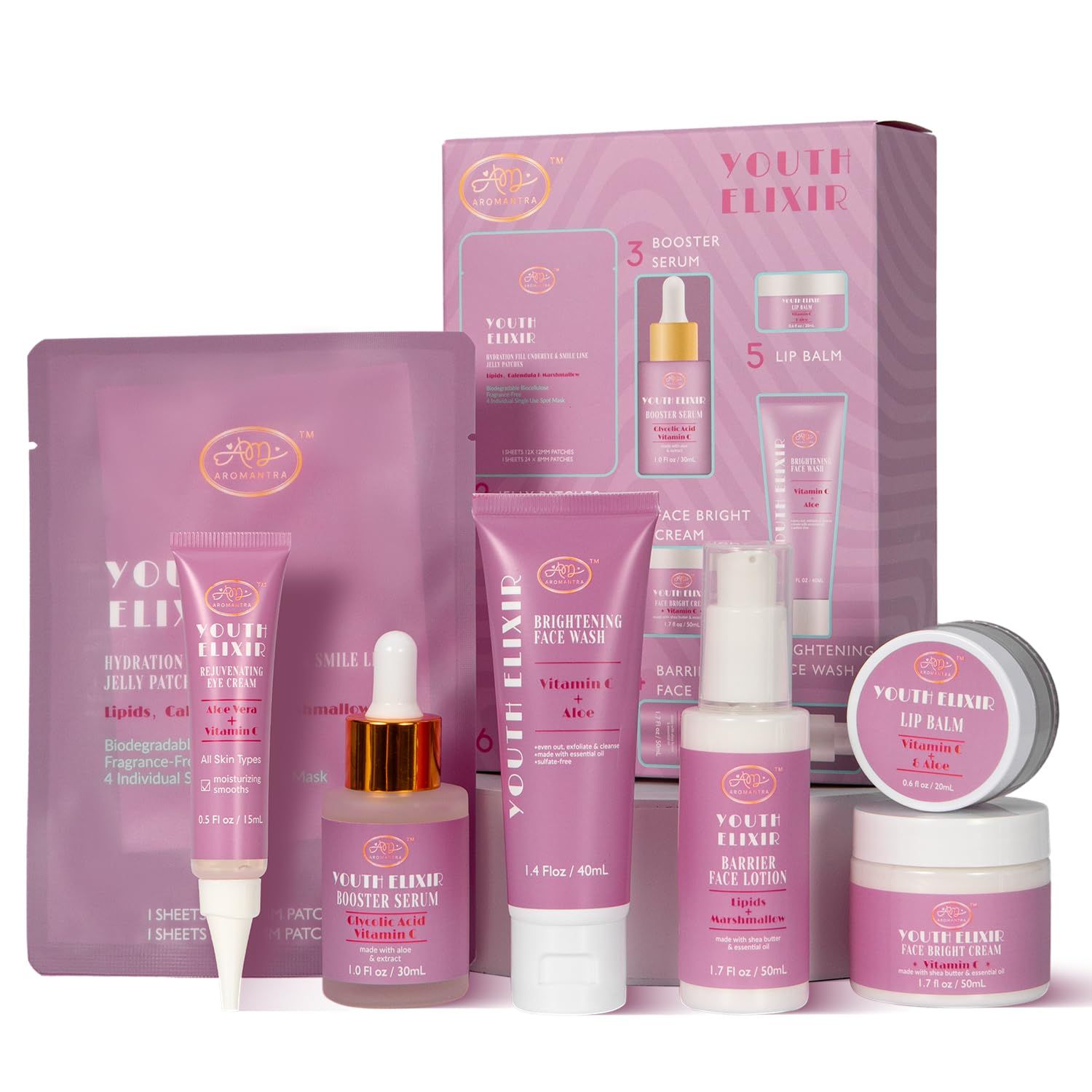 Valentines Day Gifts for Woman Skin Care Set Travel Size, Daily Routine with Hydrate Protect SkinCare 7-Pieces Travel Kit for WomenCleanser, Cream, Serum, Eye Cream, Lotion, Lip Mask, Jelly Patches