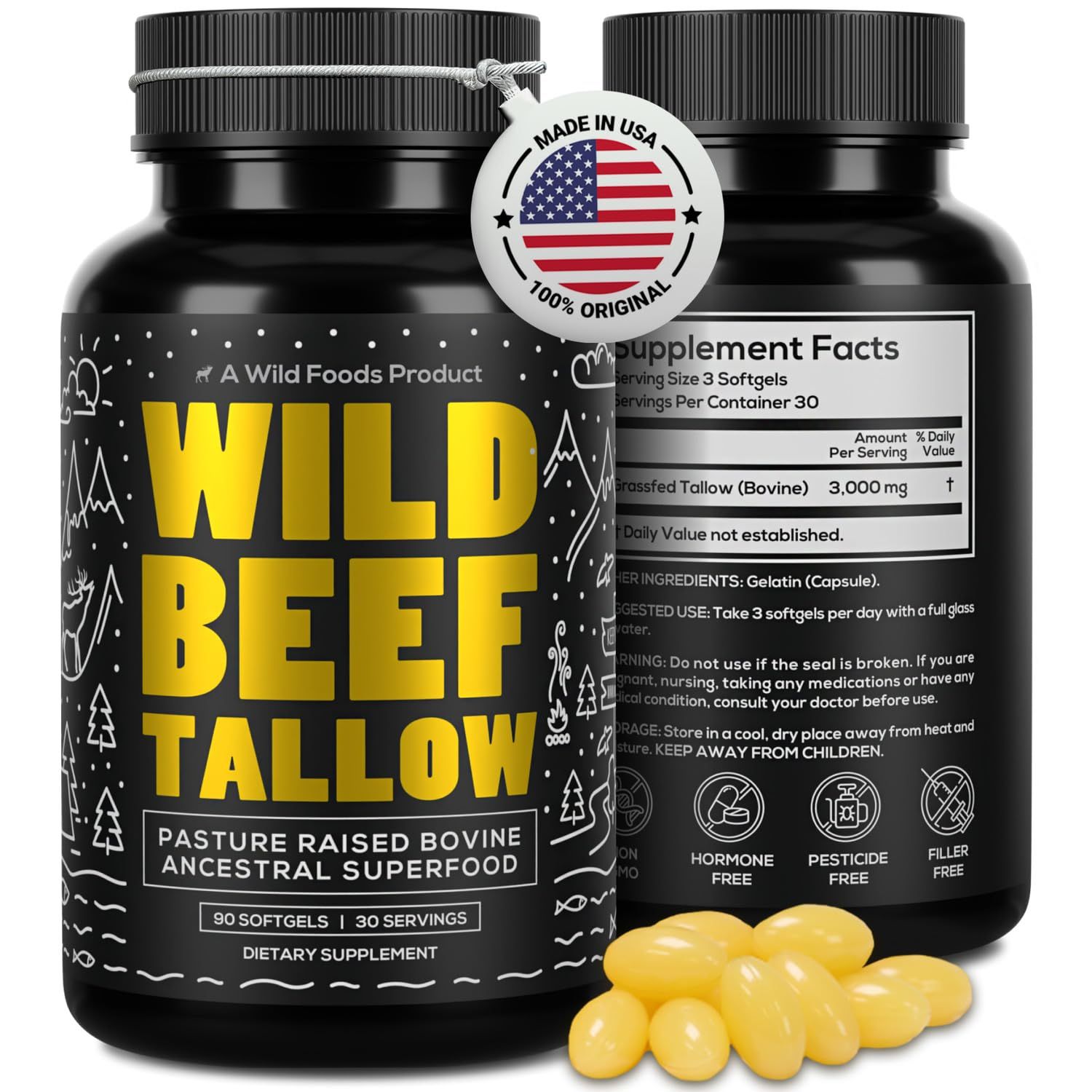 Wild Foods Grass-Fed Beef Tallow Capsules 3,000mg Per Serving Pure Ancestral Nutrition for Skin, Hormones, and Energy Keto, Paleo Carnivore Diet Approved 90-Day Supply