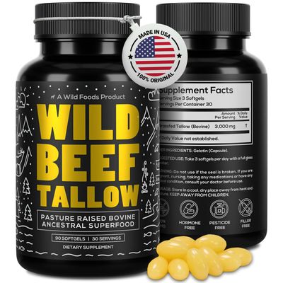 Wild Foods Grass-Fed Beef Tallow Capsules 3,000mg Per Serving Pure Ancestral Nutrition for Skin, Hormones, and Energy Keto, Paleo Carnivore Diet Approved 90-Day Supply