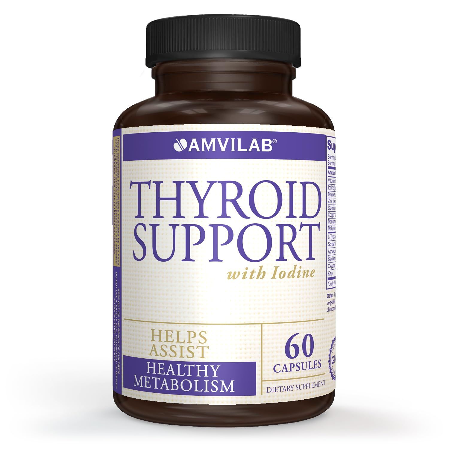AMVILAB Thyroid Support with Iodine, Vitamin B12 and 12 Other Essential Ingredients-Healthy Thyroid, Happy Life. Revitalize Metabolism, Energy Cognitive Health. 60 Capsules
