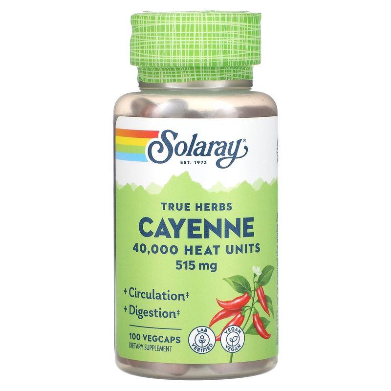 SOLARAY Cayenne Pepper 515 mg 40,000 Heat Unit Healthy Digestion, Circulation, Metabolism Cardiovascular Support Non-GMO 100 VegCaps