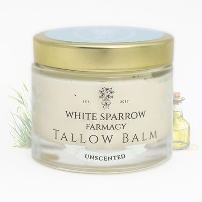 White Sparrow Farmacy Organic Grass Fed Tallow Balm - (Unscented) Organic Tallow from Grass Fed Cows All Organic ingredients. For Face and Body. (2.0 oz)
