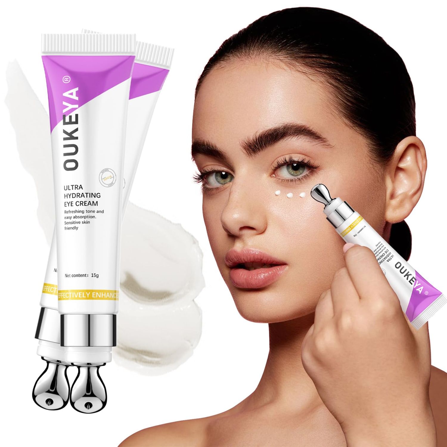 OUKEYA 2 Pcs Eye Cream for Dark Circles, Under Eye Cream Anti Aging Wrinkles, Eye Cream for Puffiness Bags Under Eyes, Dark Circles Under Eye Treatment with Massage Roller
