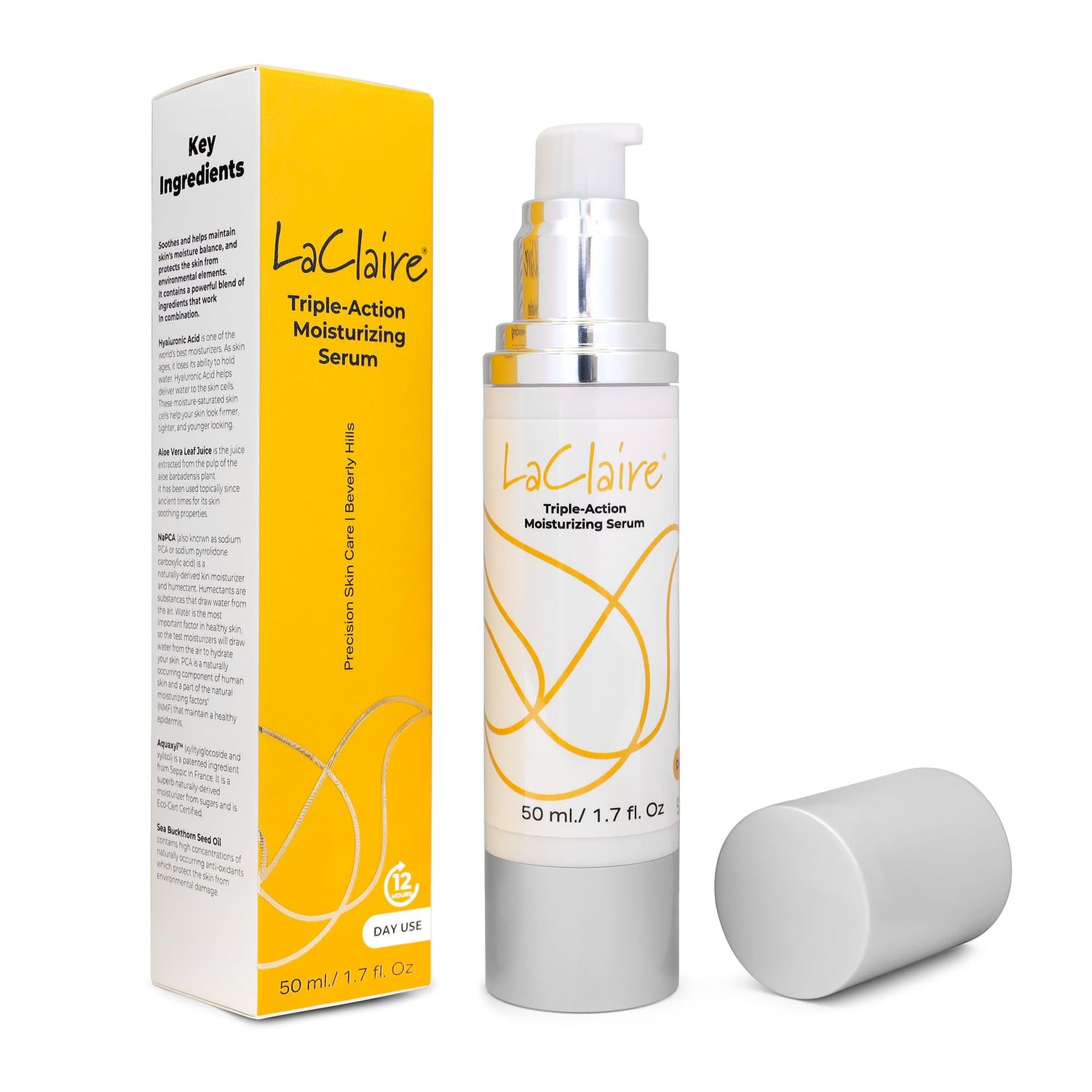 LaClaire Triple-Action Daily Moisturizing Serum - Hydrates, Soothes Protects with 70 Organic Ingredients Anti-Aging, Paraben-Free, Hyaluronic Acid, Chamomile, Green Tea, Shea Butter - 50ml