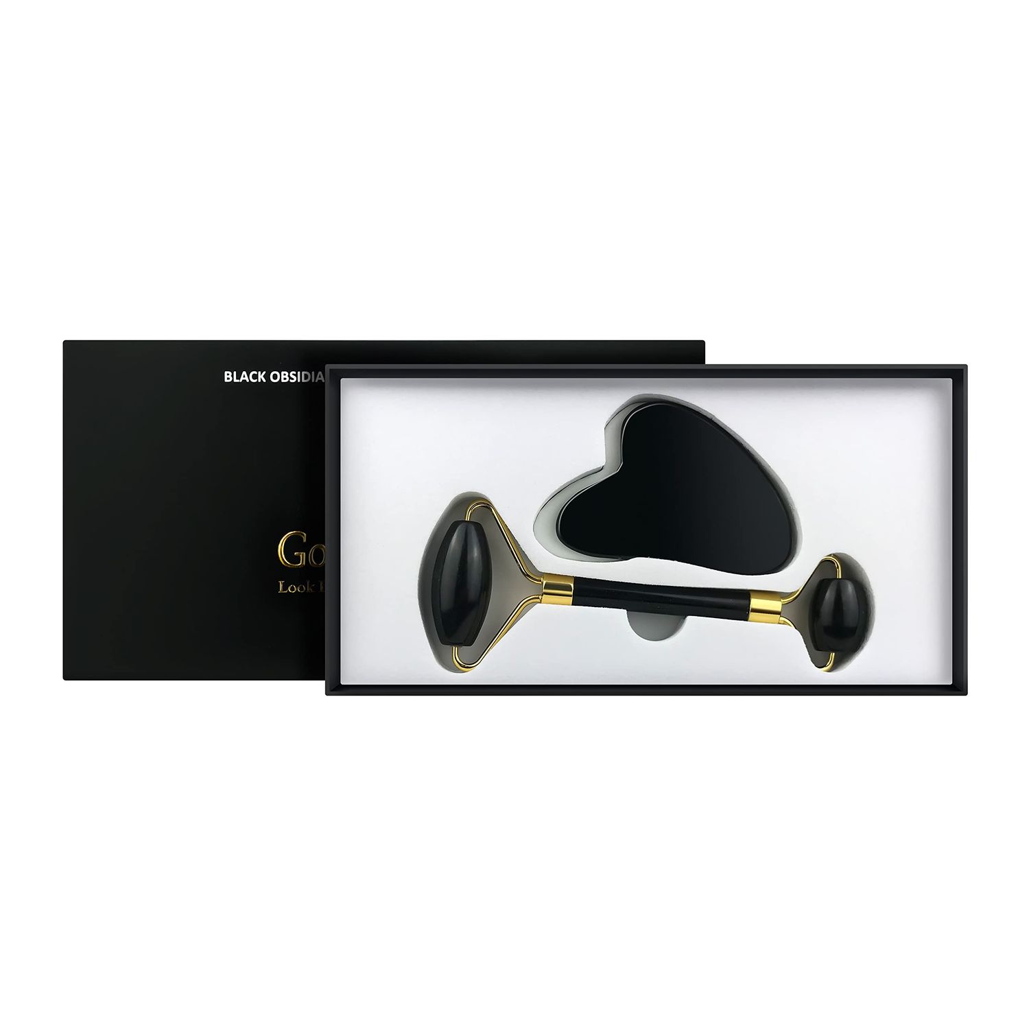 Anti-Aging Jade Black Obsidian Roller and Gua Sha Spa Set - Massager Sculpting Tools for Eyes, Face, Neck and Body. Helps Reduce The Appearance of Wrinkles, Fine Lines, Soothes De-Puffs Skin