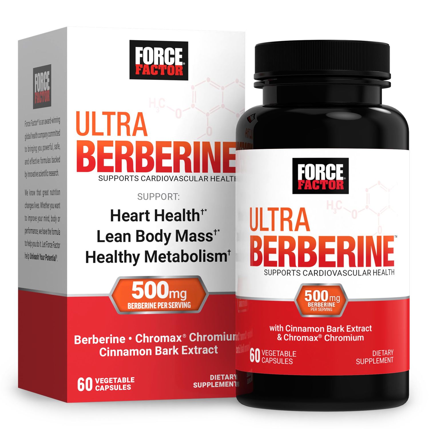 FORCE FACTOR Ultra Berberine Supplement, Contains Chromium to Support Metabolism Berberine HCL for Heart Health, with Berberine 500mg, Clinically Studied Dose, Non-GMO, Gluten Free, 60 Capsules
