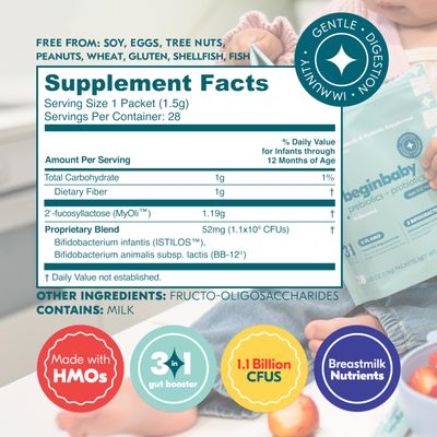Begin Health BeginBaby Prebiotics and Probiotics for Infants 0-12 Months Baby Formula Prebiotic Probiotic Powder with 2'-FL HMO's B. Infantis for Optimal Digestion 28-Packs - Unflavored