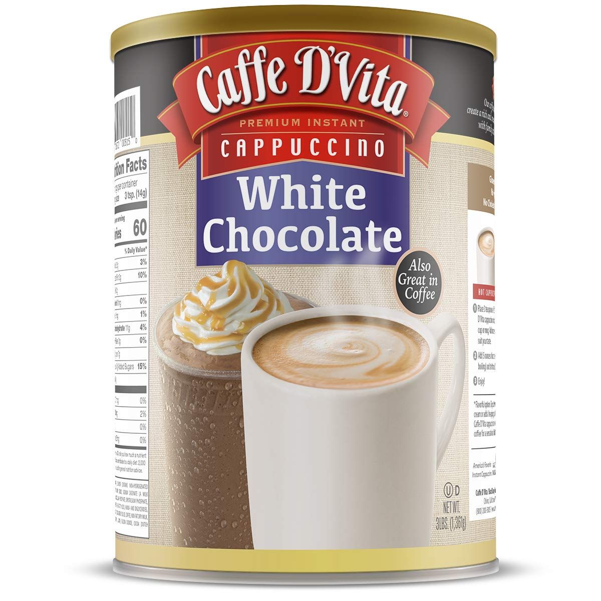 Caffe D&#39;Vita White Chocolate Cappuccino Mix - White Chocolate Powder, Gluten Free, No Cholesterol, No Hydrogenated Oils, No Trans Fat, 99 Caffeine Free, Instant Cappuccino Mix - 3 Lb Can