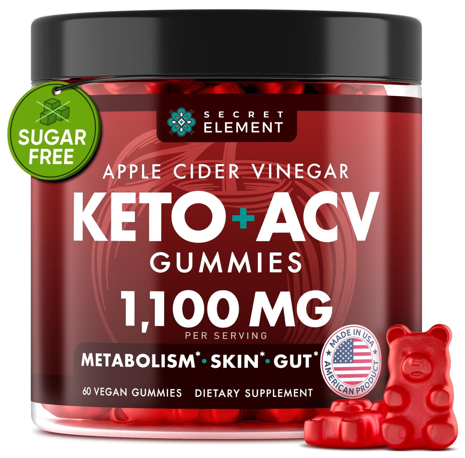 Keto ACV Gummies 1100mg, Apple Cider Vinegar Gummies with Prebiotic Superfruits, Green Coffee Bean Extract, B Vitamins, Sugar Free, Vegan, Non-GMO, Cherry Flavor, 60 Gummies