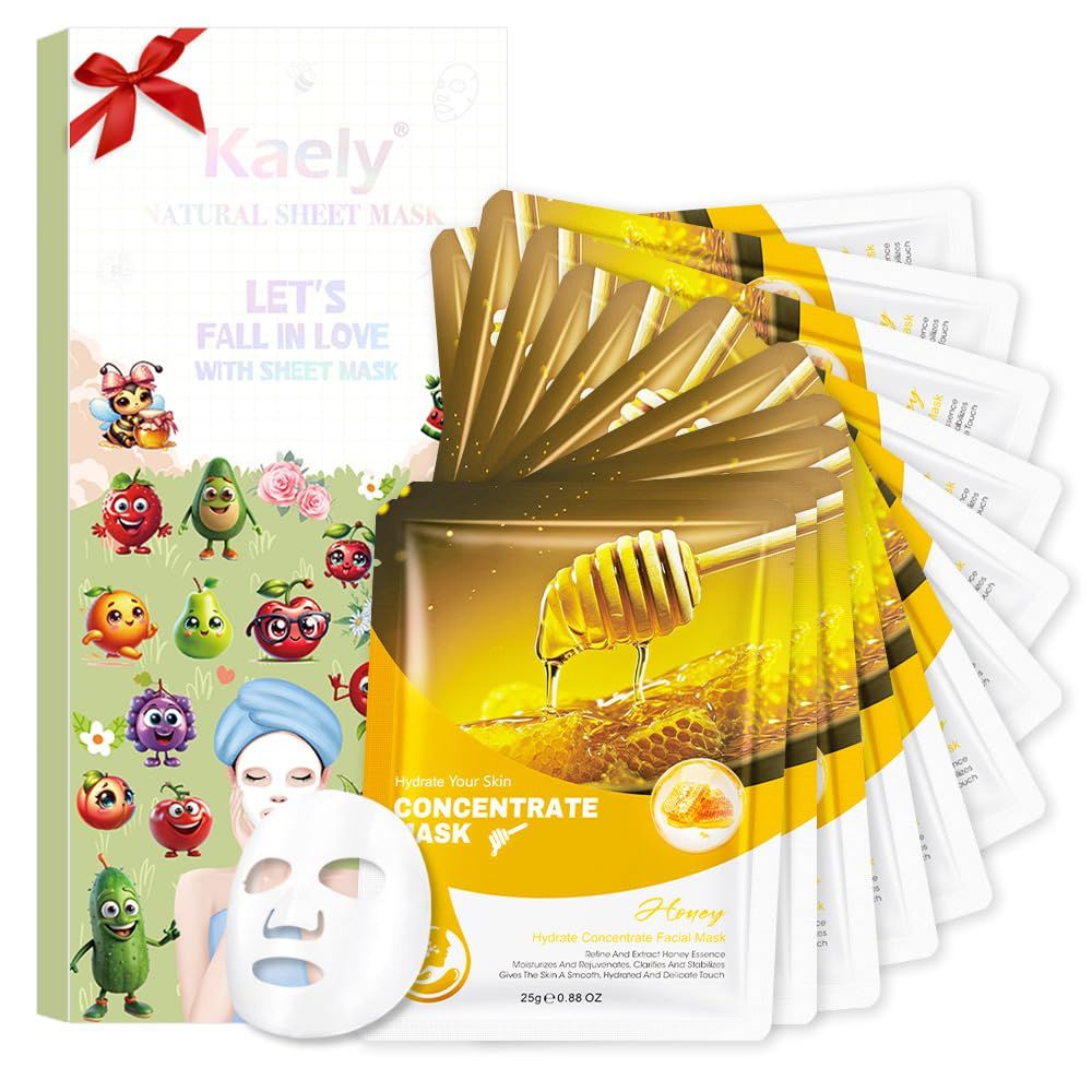 Kaely 12 Pack Honey Sheet Masks, Spa Party Face Masks for Kids Teens Women Men Skincare Set, Girls Night Facial Masks Skin Care, Moisturize Soothe for All Skin Types, Christmas Gifts, Set05