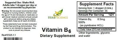 Herb-Science Liquid Vitamin B6 Drops - Pyridoxine Extract Dietary Supplement to Support Brain Function, Immunity, Nervous System, Heart Health, Metabolism - 500 DV, 36 Servings per Bottle - 1 fl. oz.