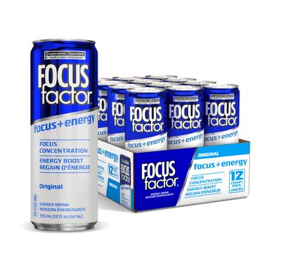 Focus Factor Energy Drink - 12 x 355ml Cans (Original Flavour) - with Focus Energy - Lightly Carbonated, Sugar Free, Low Calorie with Vitamin B6 Vitamin B12