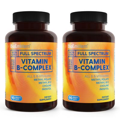 BioEmblem Vitamin B Complex All 8 Essential Vitamins with Methyl Folate, Methyl B12, Choline Inositol Non-GMO, Vegan, Gluten-Free Energy, Brain, and Metabolism Support 180 Capsules