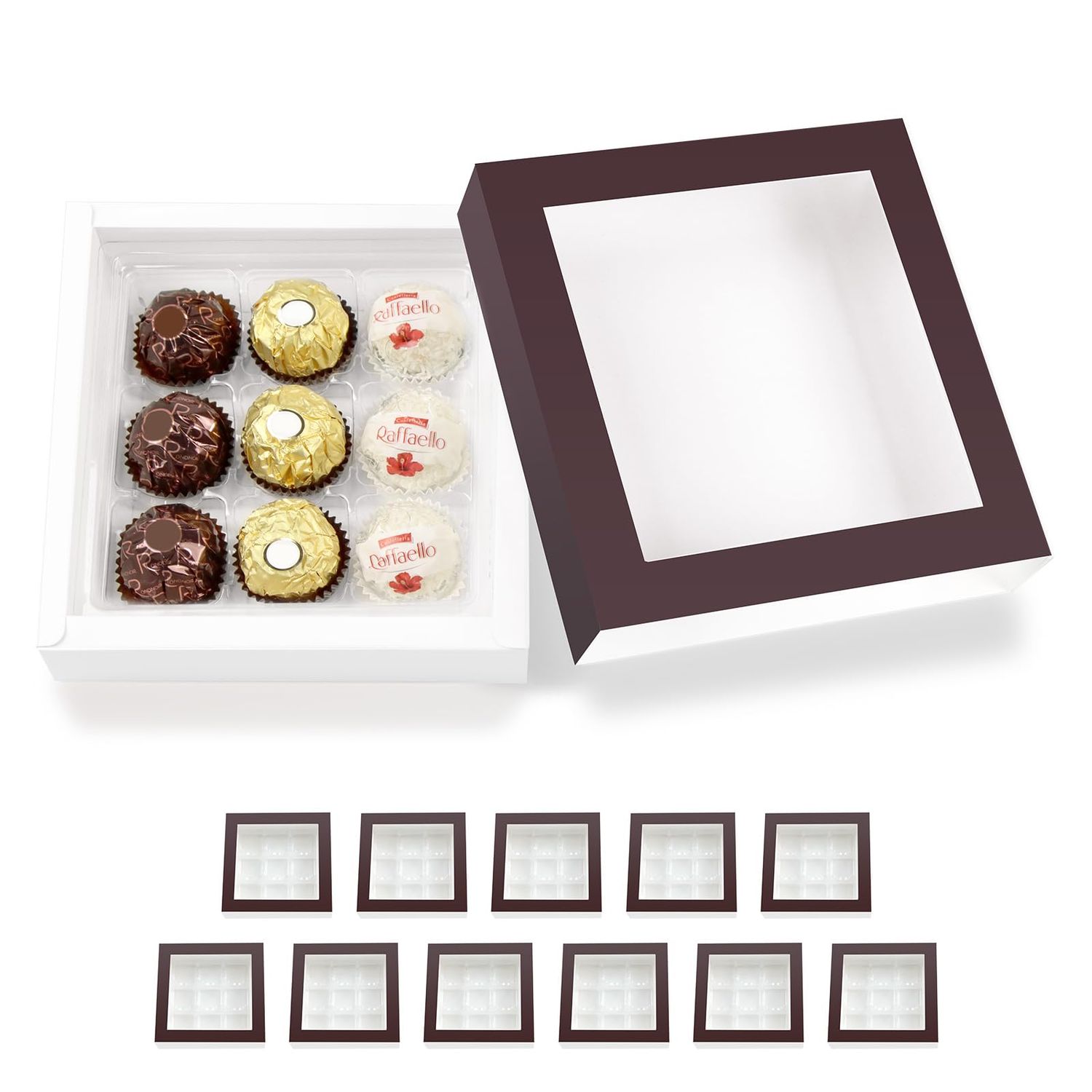 BAKIPACK 12 Truffle Boxes, Chocolates Box Packaging, Dark Brown Truffle Gift Packaging with 9-Piece Plastics Tray