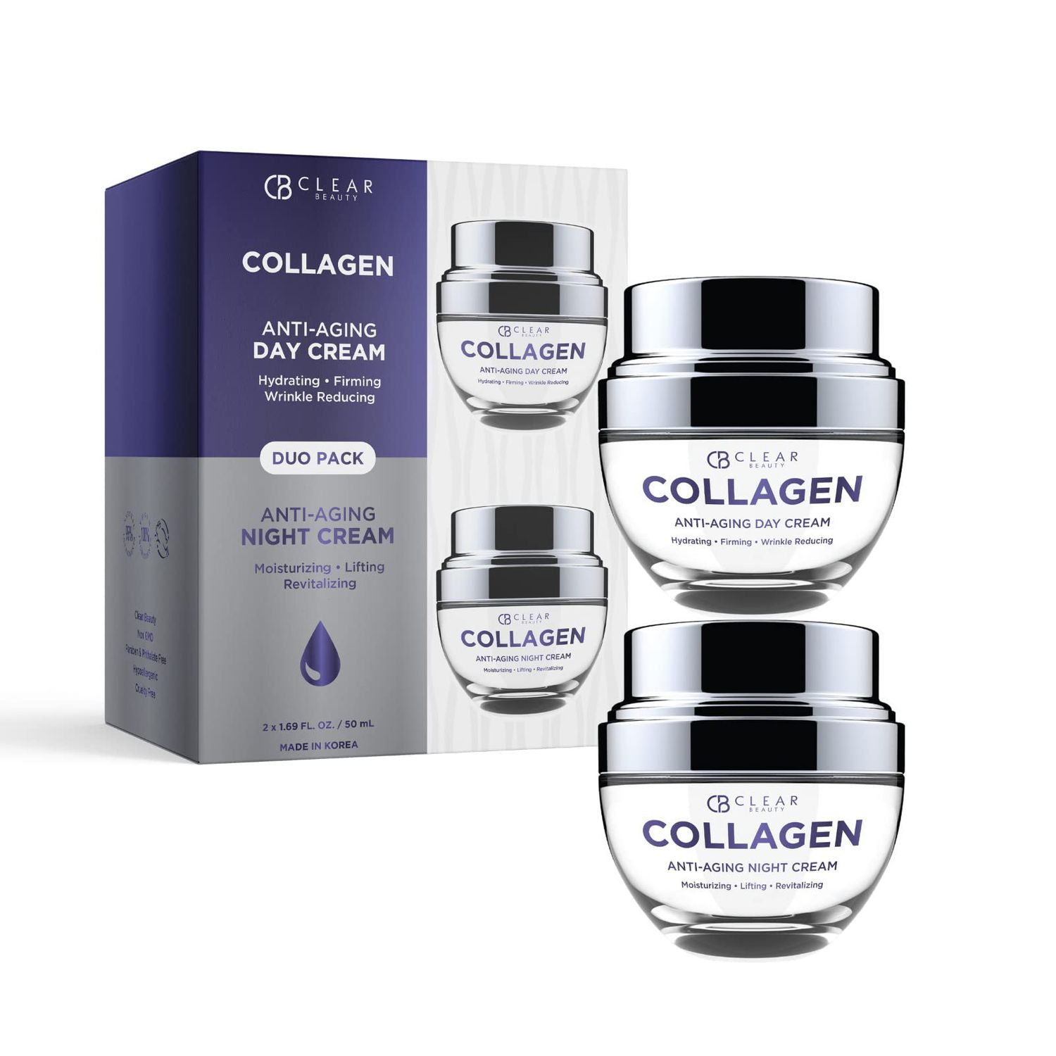 Clear Beauty Collagen DayNight Moisturizer Set - Dermatologist Tested, Reduces Blemishes, Wrinkles Fine Lines, Hydrating, Anti-Aging, Cruelty-Free Korean Skin Care, All Skin Types