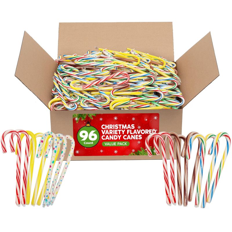 Bulk Assorted Candy Cane Individually Wrapped 96 Count - Christmas Candy Canes Variety Fruity Flavors Cherry, Lemon, Hot Cocoa Holiday Colorful Candy Bulk