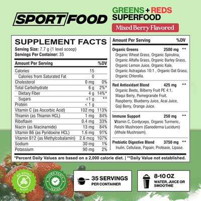 SPORTFOOD Organic Greens Reds Superfood Powder Mixed Berry Flavor 25 Super Fruits Veggies, Beets, Prebiotics Energizing, Antioxidant-Rich, Keto-Friendly Smoothie Mix 35 Servings