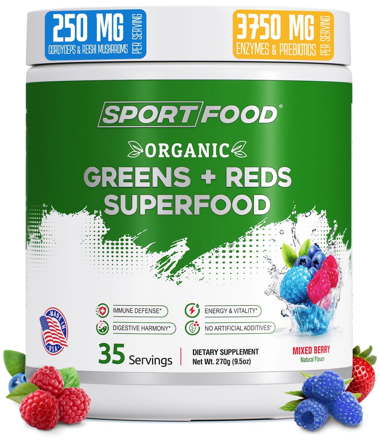 SPORTFOOD Organic Greens Reds Superfood Powder Mixed Berry Flavor 25 Super Fruits Veggies, Beets, Prebiotics Energizing, Antioxidant-Rich, Keto-Friendly Smoothie Mix 35 Servings