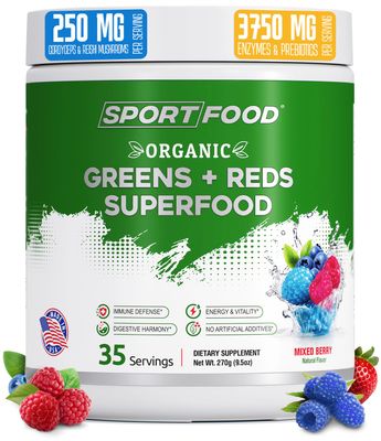 SPORTFOOD Organic Greens Reds Superfood Powder Mixed Berry Flavor 25 Super Fruits Veggies, Beets, Prebiotics Energizing, Antioxidant-Rich, Keto-Friendly Smoothie Mix 35 Servings