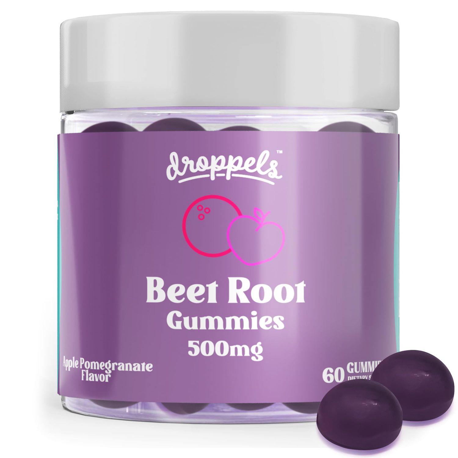 Droppels Beet Root Gummies with Beetroot Powder 500mg, Grape Seed Extract 300mg, Vitamin B12 Niacin Vegan, Pectin-Based Non-GMO Beetroot Supplement, Apple Pomegranate Flavor, 60 Count