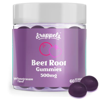 Droppels Beet Root Gummies with Beetroot Powder 500mg, Grape Seed Extract 300mg, Vitamin B12 Niacin Vegan, Pectin-Based Non-GMO Beetroot Supplement, Apple Pomegranate Flavor, 60 Count